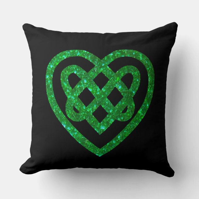 Green Glitter Celtic Heart Knot Throw Pillow (Front)
