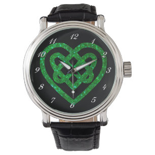 Green Glitter Celtic Heart Knot Wrist Watch