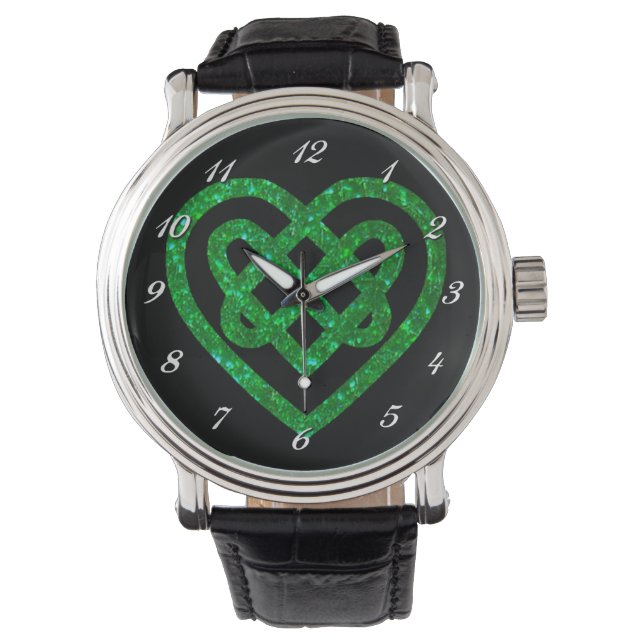 Green Glitter Celtic Heart Knot Wrist Watch (Front)