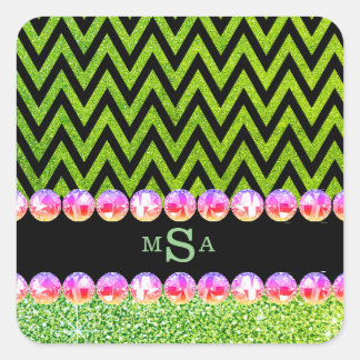Green Glitter Chevron Pink Bling Monogram Glam Square Sticker