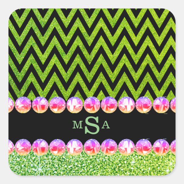 Green Glitter Chevron Pink Bling Monogram Glam Square Sticker (Front)