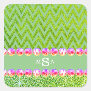 Green Glitter Chevron Pink Bling Monogram Square Sticker