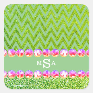 Green Glitter Chevron Pink Bling Monogram Square Sticker