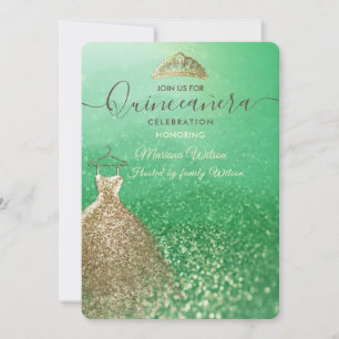 Green glitter chic Gold dress tiara Quinceañera I Invitation
