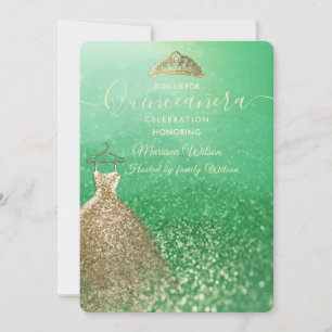 Green glitter chic Gold dress tiara Quinceañera Invitation
