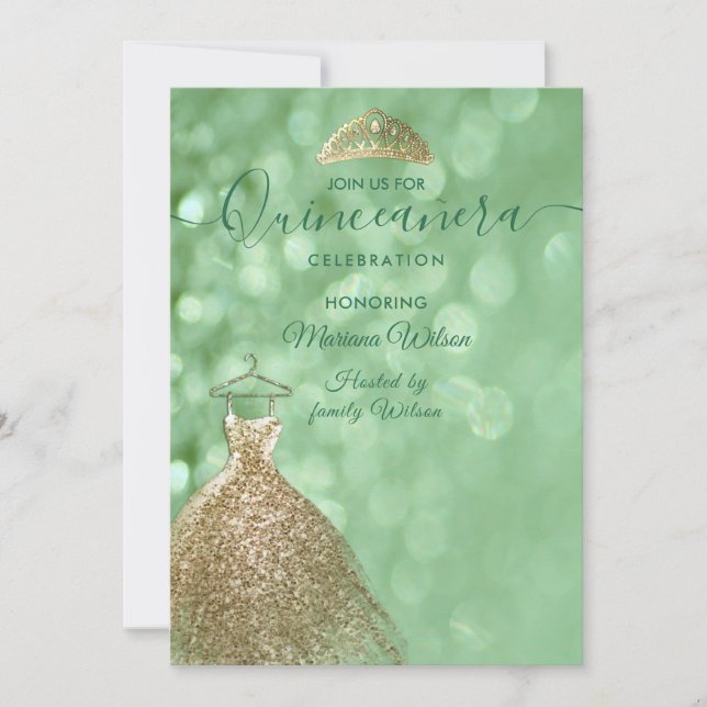 Green glitter chic Gold dress tiara Quinceañera  Invitation (Front)