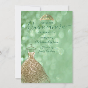 Green glitter chic Gold dress tiara Quinceañera Invitation
