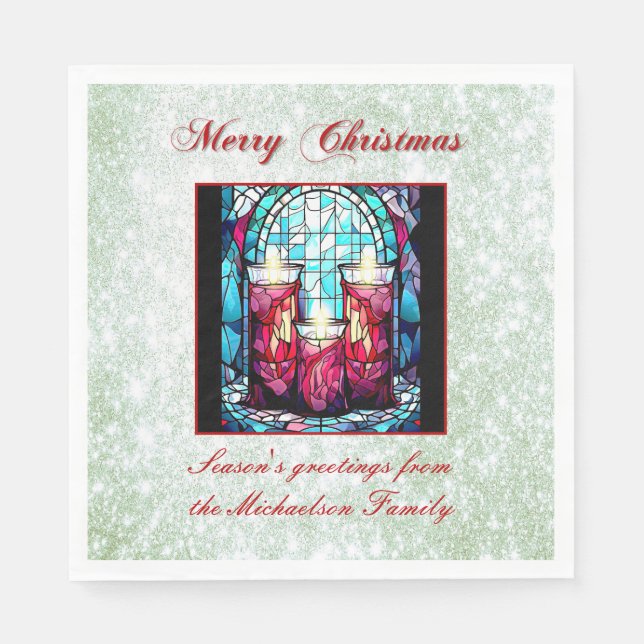 Green Glitter Christmas Stained Glass Candles Napkin (Front)