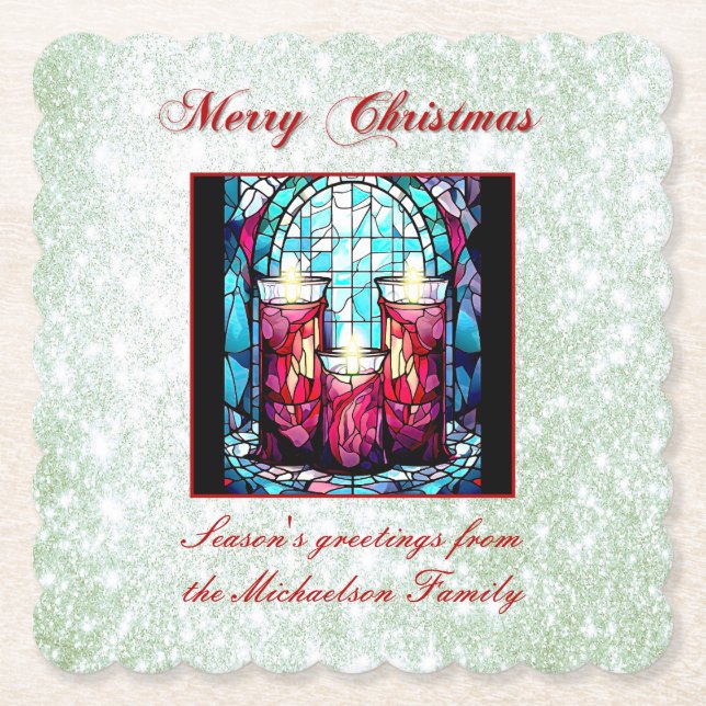 Green Glitter Christmas Stained Glass Candles Paper Coaster (Front)