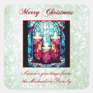 Green Glitter Christmas Stained Glass Candles Square Sticker