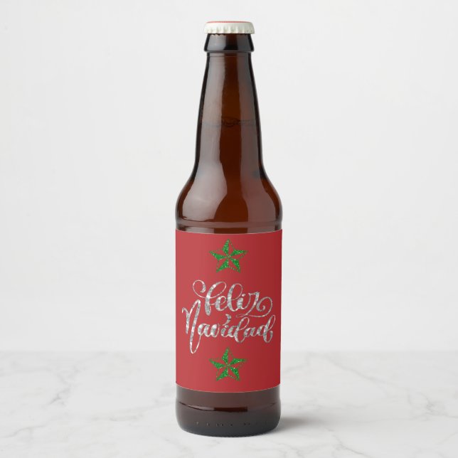 Green Glitter Christmas Star Beer Bottle Label (Front)