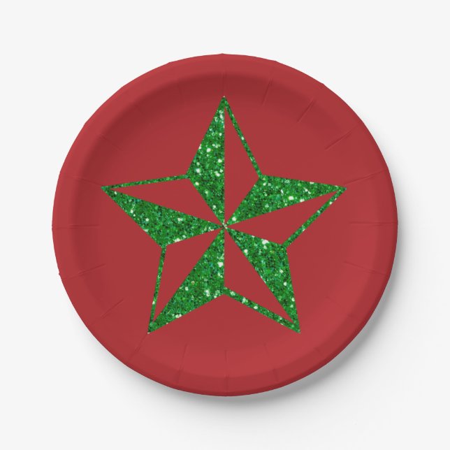 Green Glitter Christmas Star Paper Plate (Front)