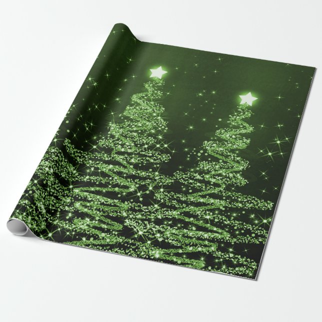 Green Glitter Christmas Trees Holiday Wrapping Paper (Unrolled)