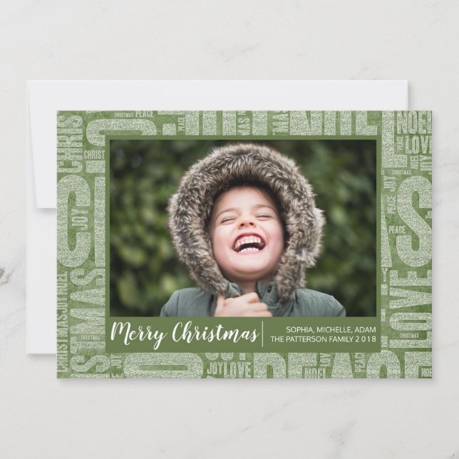 Green Glitter Christmas Words Holiday Photo Card (Front)