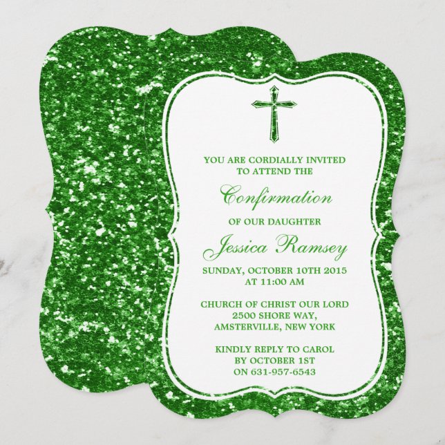 Green Glitter Cross Holy Communion Confirmation Invitation (Front/Back)