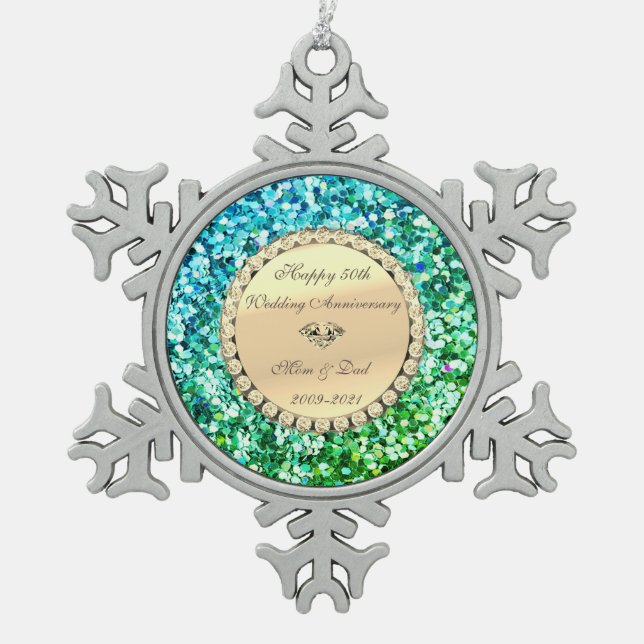 Green Glitter Diamond 50th Wedding Anniversary  Snowflake Pewter Christmas Ornament (Front)