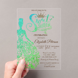 Green Glitter Dress,Diamonds Green Sweet 16 Acrylic Invitations