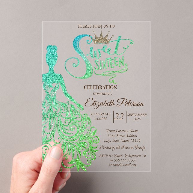 Green Glitter Dress,Diamonds Green Sweet 16 Acrylic Invitations (Insitu (Handheld))