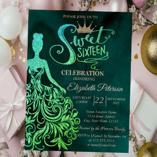 Green Glitter Dress,Diamonds Green Sweet 16 Invitation