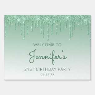 Green Glitter Drip 21st Birthday Party Garden Sign