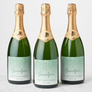 Green Glitter Drip 21st Birthday Party Sparkling Wine Label