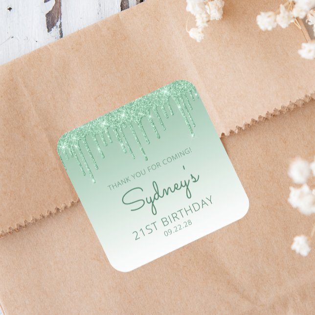 Green Glitter Drip 21st Birthday Thank You Square Sticker (Creator Uploaded)