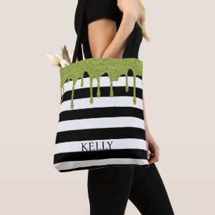Green Glitter Drip And Striped Tote Bag