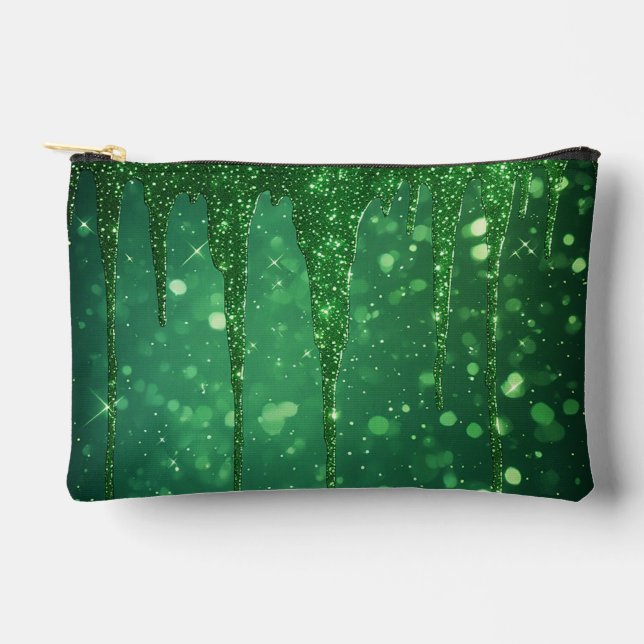 Green Glitter Drip Background With Sparkling Bokeh Accessory Pouch (Front)