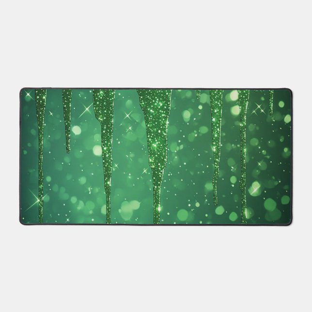 Green Glitter Drip Background With Sparkling Bokeh Desk Mat (Front)