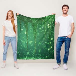 Green Glitter Drip Background With Sparkling Bokeh Fleece Blanket
