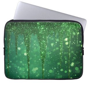 Green Glitter Drip Background With Sparkling Bokeh Laptop Sleeve
