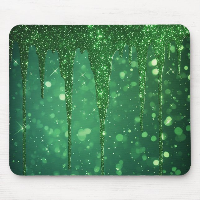 Green Glitter Drip Background With Sparkling Bokeh Mouse Mat (Front)