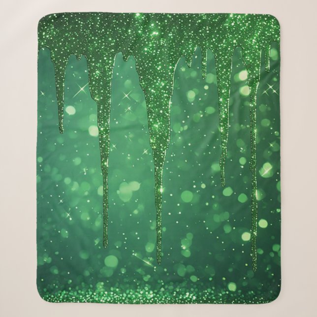 Green Glitter Drip Background With Sparkling Bokeh Sherpa Blanket (Front)