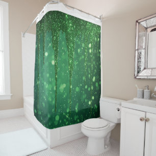 Green Glitter Drip Background With Sparkling Bokeh Shower Curtain