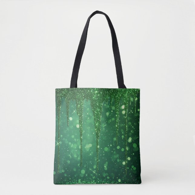 Green Glitter Drip Background With Sparkling Bokeh Tote Bag (Front)