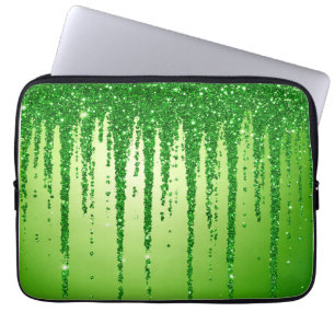 Green Glitter Drip Background With Sparkling Laptop Sleeve