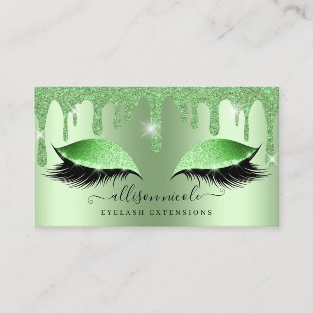 Green Glitter Drip Metallic Foil Eyelash Business Card (Front)