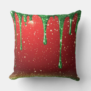 Green Glitter Drip Over Red Background Cushion