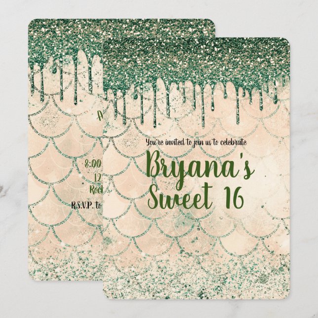 Green Glitter Drip Peach Mermaid Sweet 16 Party Invitation (Front/Back)