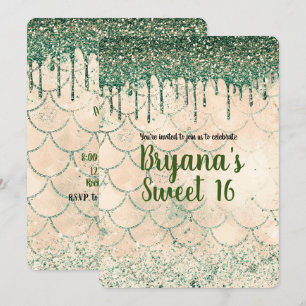 Green Glitter Drip Peach Mermaid Sweet 16 Party Invitation
