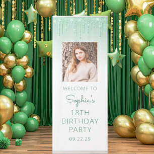 Green Glitter Drip Photo 18th Birthday Party Retractable Banner