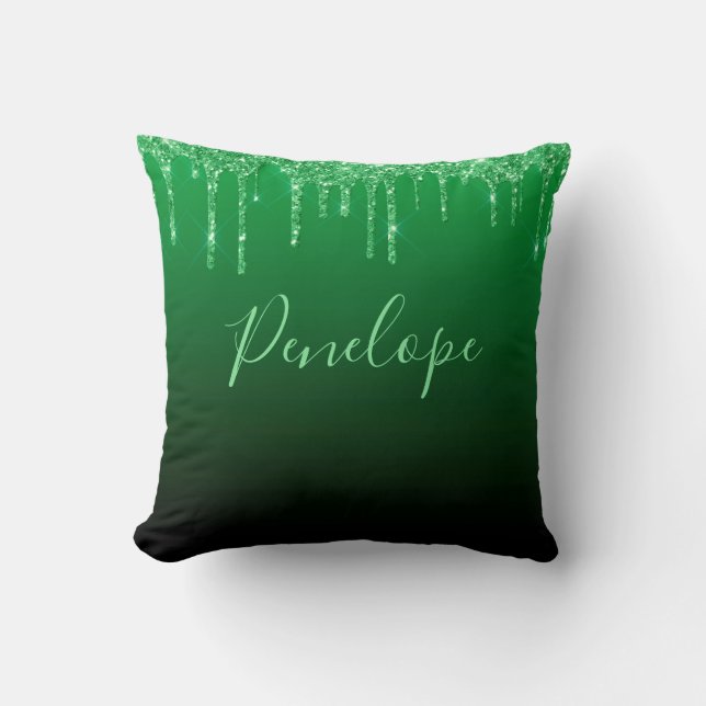 Green Glitter Dripping Elegant Monogram  Cushion (Front)
