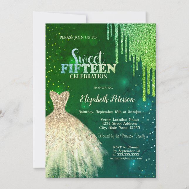 Green Glitter Drips,Gold Dress Stars Quinceanera Invitation (Front)