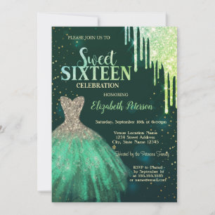Green Glitter Drips,Green Dress Sweet 16 Invitation
