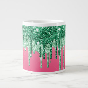 Green Glitter Drips Pink Glam Trendy Jumbo Large Coffee Mug