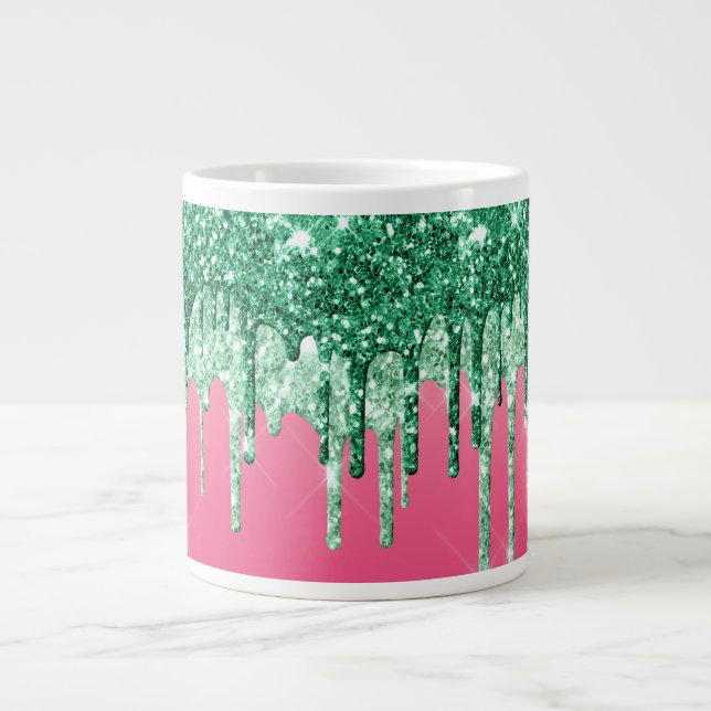 Green Glitter Drips Pink Glam Trendy Jumbo Large Coffee Mug (Front)