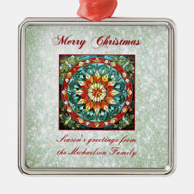 Green Glitter Effect Stained Glass Floral Mandala Metal Tree Decoration (Front)