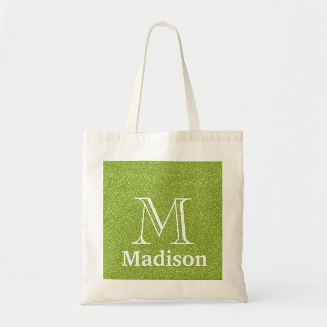 Green glitter faux personalised monogram tote bag (Front)