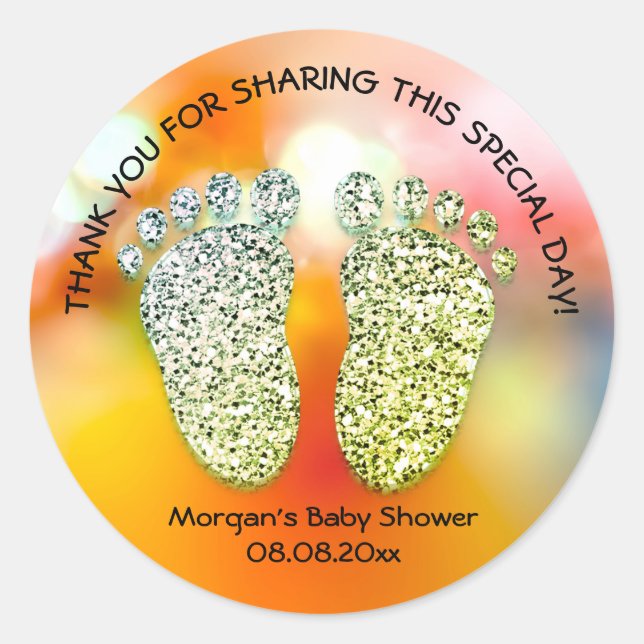 Green Glitter Feet Baby Shower Thank Holographic Classic Round Sticker (Front)