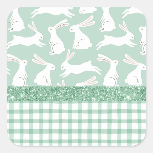 Green Glitter Gingham Plaid Rabbits Square Sticker (Front)